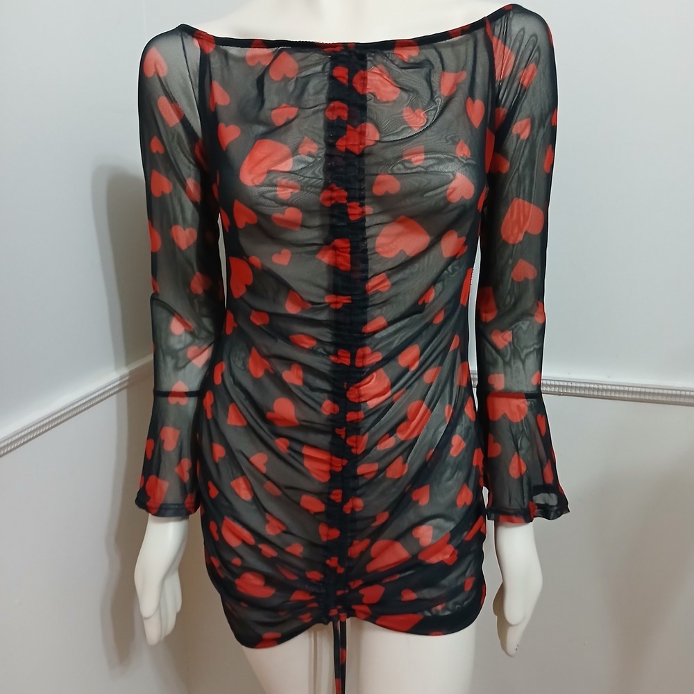 SHEIN Black Red Heart Print Mesh Ruched Bell Sleeve Mini Dress Womens Large